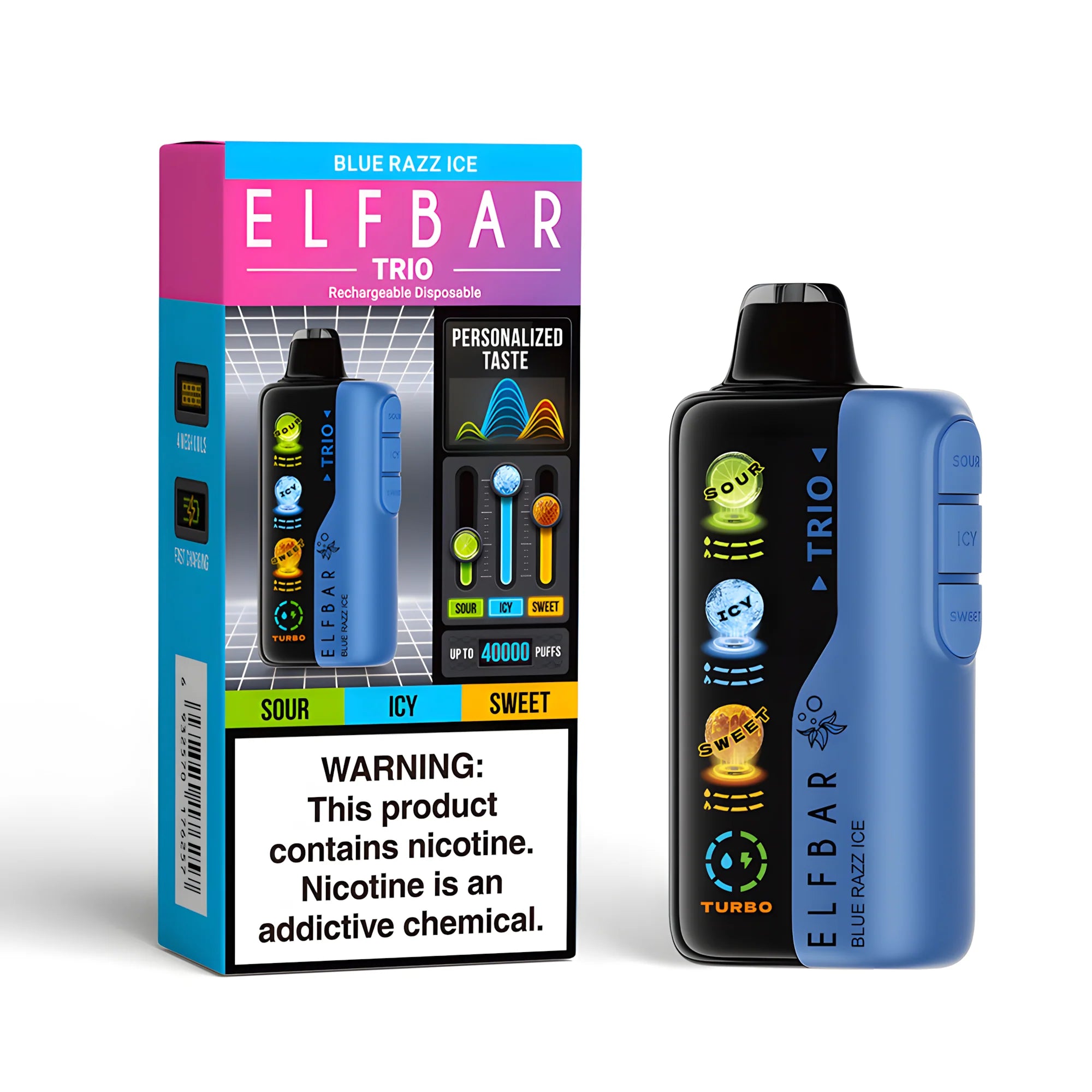 ELF BAR Trio 40000 Blue Razz Ice 5% nikotin – termék dobozzal