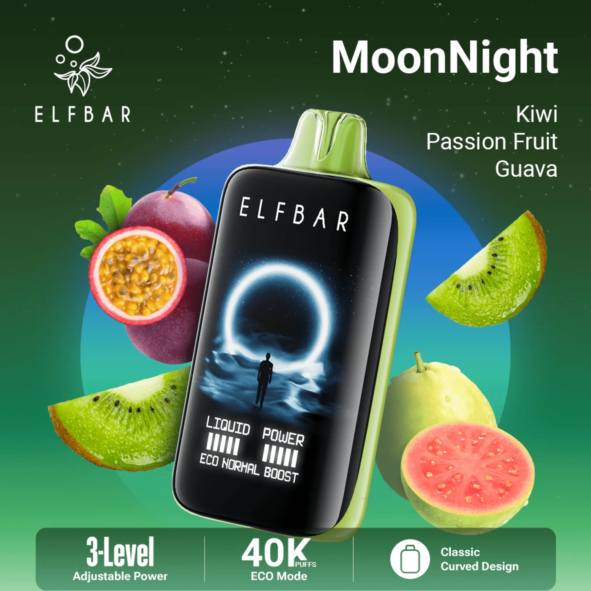 ELF BAR MOON NIGHT 40000 KIWI PASSION FRUIT GUAVA 5% RECHARGEABLE